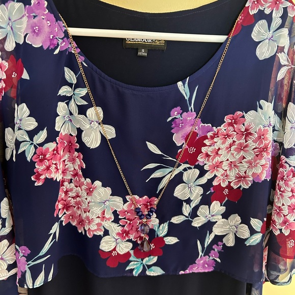 NWOT Floral Navy Dress with Sheer Floral Overlay, Cape Style & Perfect Details - Picture 5 of 12